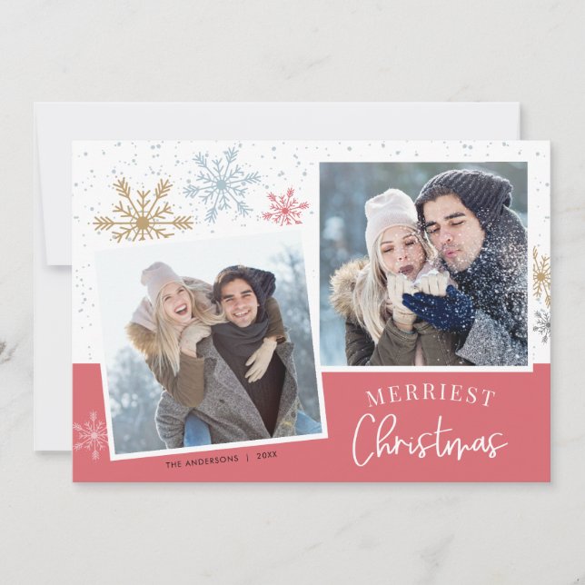 Modern Snowflakes Pink Gold 2 Photos Christmas Holiday Card (Front)