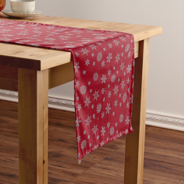 Modern Snowflakes red Christmas Short Table Runner (In Situ)