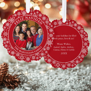 Modern Snowflakes Red Feliz Navidad Photo Tree Decoration Card