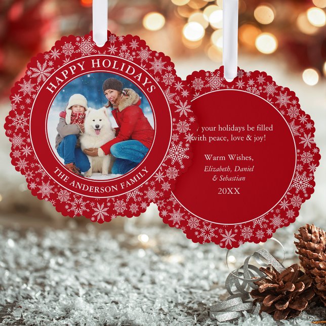 Modern Snowflakes Red Happy Holidays Photo Tree Decoration Card (A greeting card that is also an ornament! Customize with your photo and personalized text.)