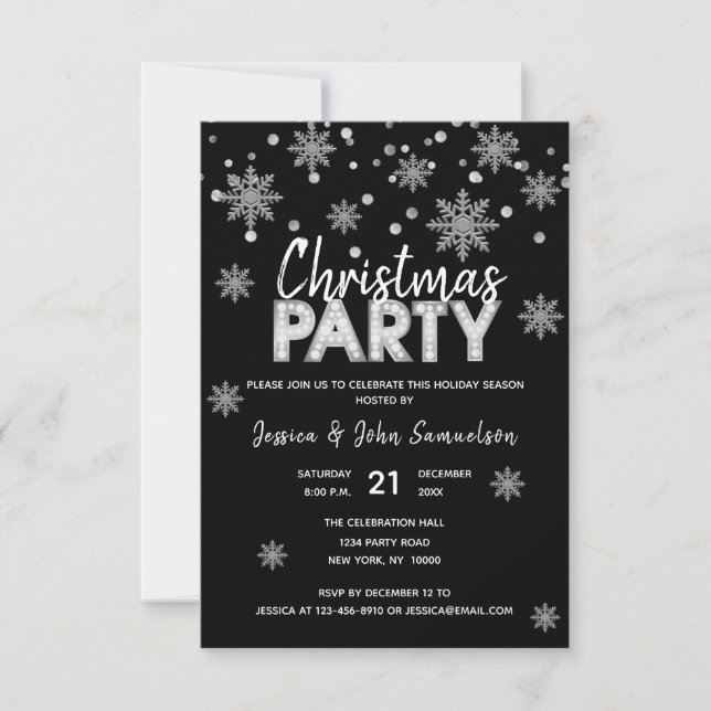 Modern Snowflakes Silver Black CHRISTMAS PARTY Invitation (Front)
