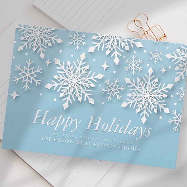 Modern Snowflakes Snow on Blue Holiday Greetings (Creator Uploaded)