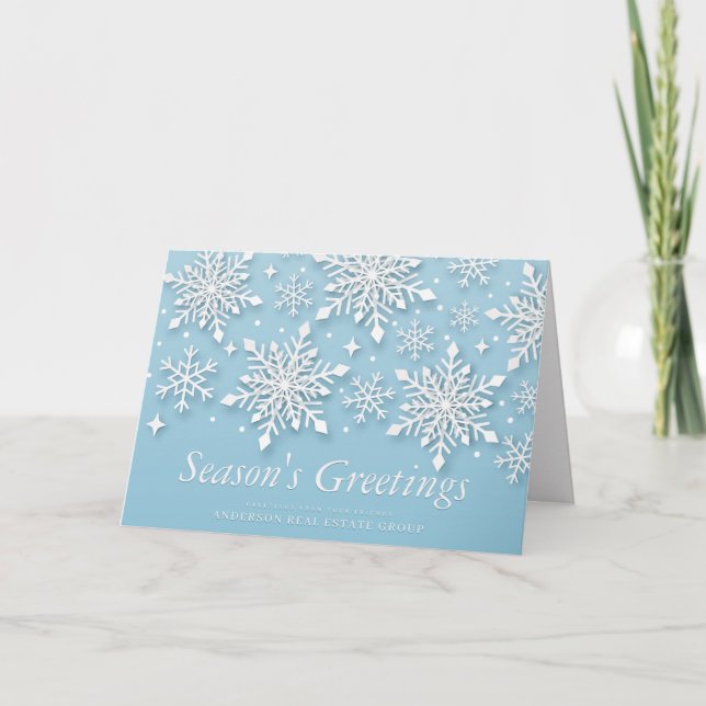 Modern Snowflakes Snow on Blue Season's Greetings Card (Front)