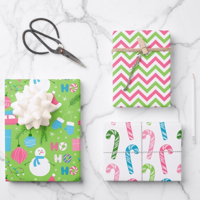 Modern Snowman and Pink & Green Christmas Decor Wrapping Paper Sheet (Front)