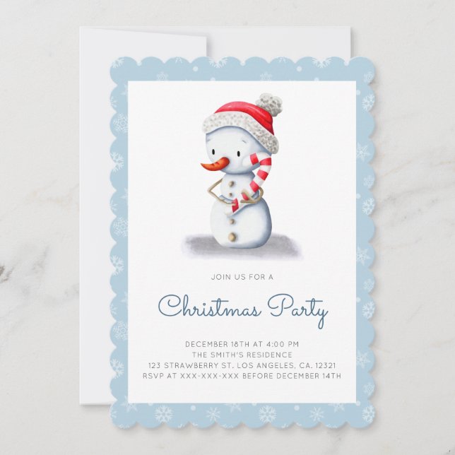 Modern Snowman Candy Cane Holiday Christmas Party Invitation (Front)