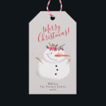 Modern Snowman Christmas Wreath and Gold Family Gift Tags<br><div class="desc">This set of simple and modern family 'Merry Christmas' holiday gift tags features a cute snowman with a xmas wreath with poinsettias, pine and berries. The reverse of card features an elegant gold and white zig zag pattern. On the front of the card you are able to customise the script,...</div>