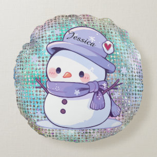 modern Snowman Pastel Pattern Heart Round Cushion