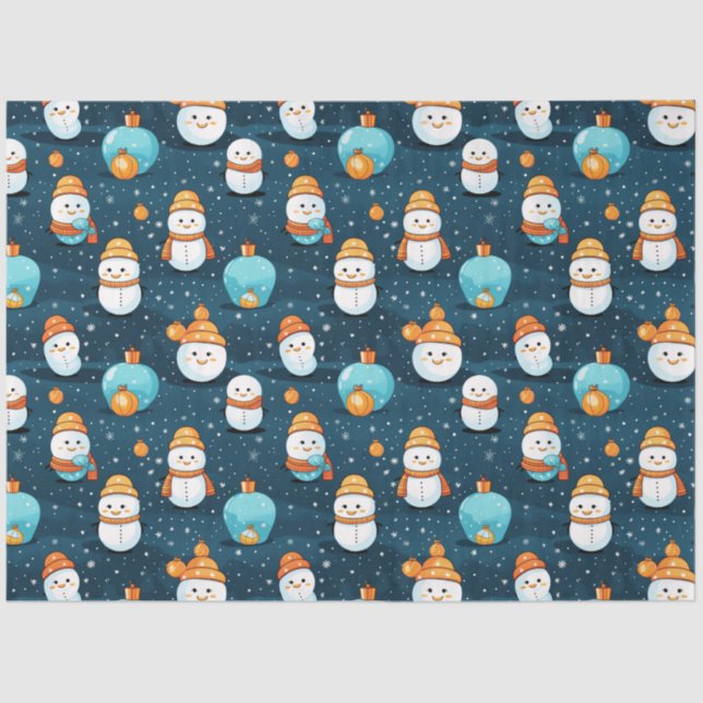 Modern Snowmen Ornaments Blue Christmas Tissue Paper (Front)