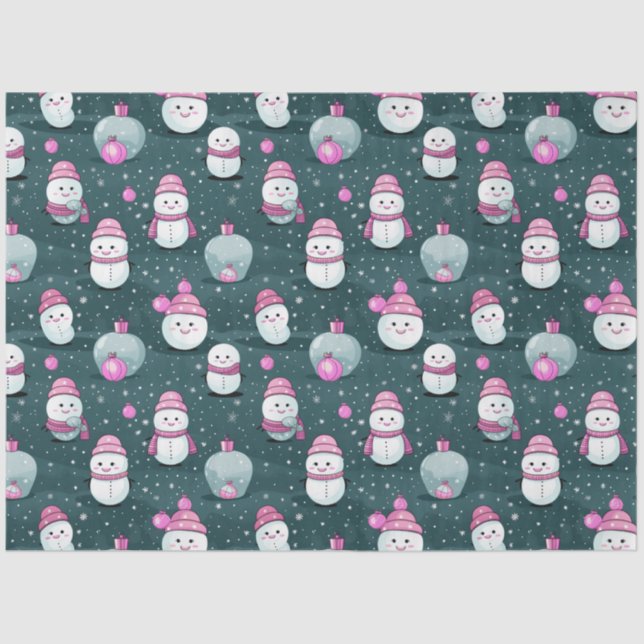 Modern Snowmen Ornaments Pink and Green Christmas Tissue Paper (Front)
