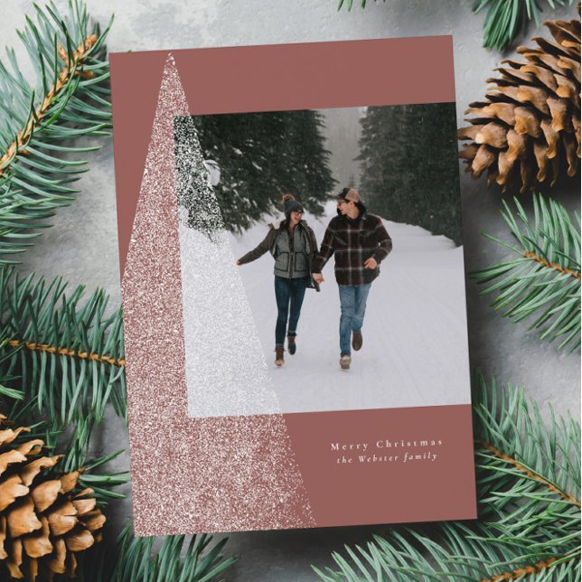 Modern snowy Christmas tree one photo stylish Holiday Card (Creator Uploaded)