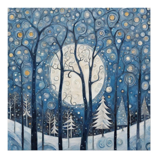 Modern Snowy Whimsical Forest Scene Photo Print (Front)