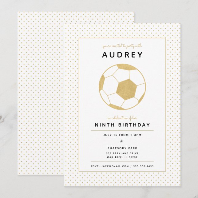 Modern Soccer Star White and Gold Sports Birthday Invitation (Front/Back)