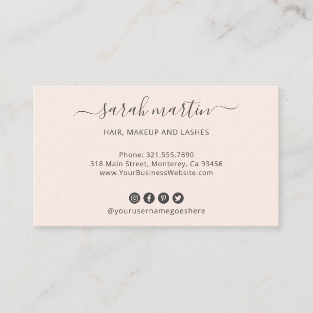 Modern Social Media Icons Blush Pink Elegant Business Card (Front)