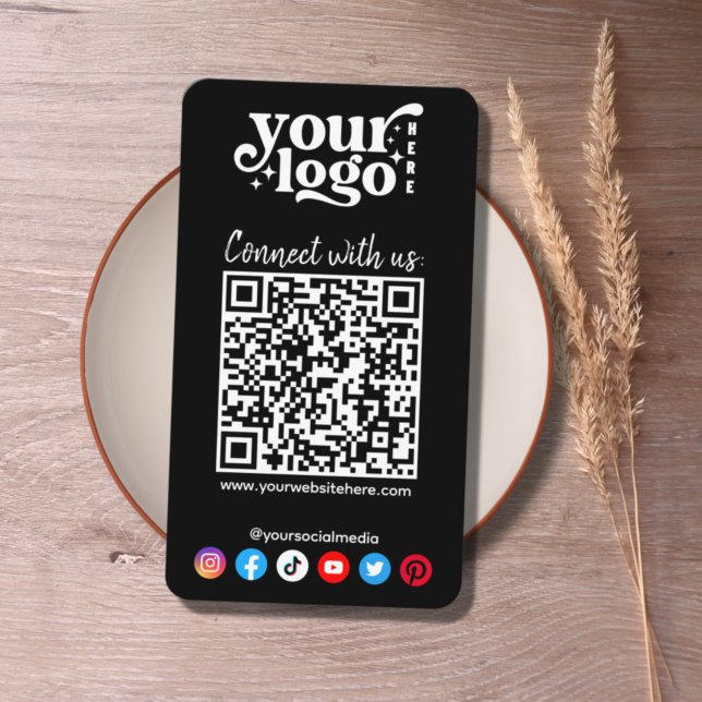 Modern Social Media Icons Connect QR Code Black Business Card (Creator Uploaded)