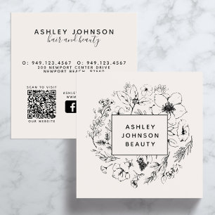 Modern Social Media QR Code Botanical Blush Black Square Business Card