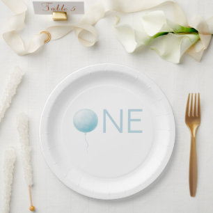 Modern Soft Blue Balloon Boy 1st Birthday Party Paper Plate