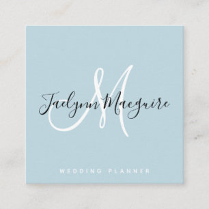Modern soft blue elegant script signature monogram square business card