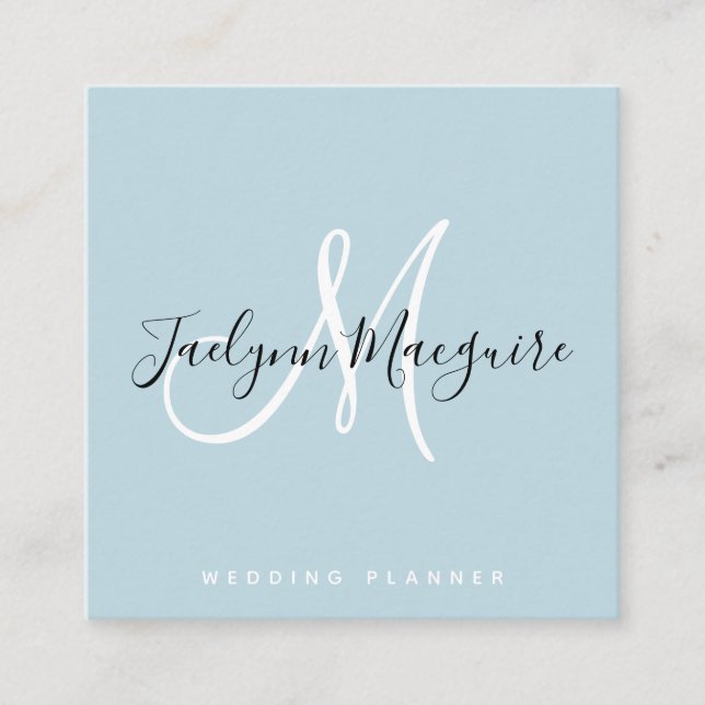 Modern soft blue elegant script signature monogram square business card (Front)
