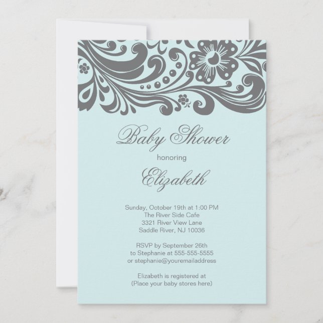 Modern Soft Blue Grey Floral Swirl Baby Shower Invitation (Front)