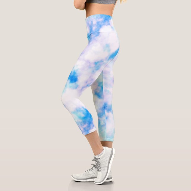 Modern Soft Blue Marble Pattern Capri Leggings (Left)