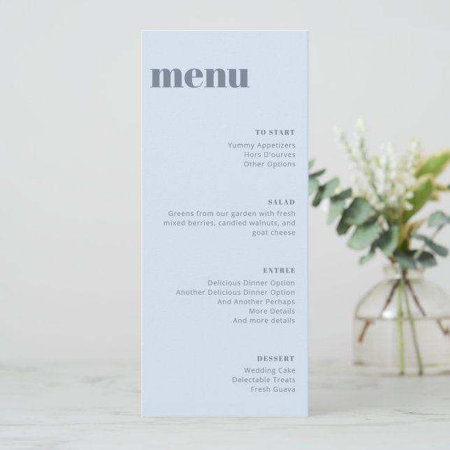 Modern Soft Blue Wedding Tall Template Dinner Menu (Standing Front)