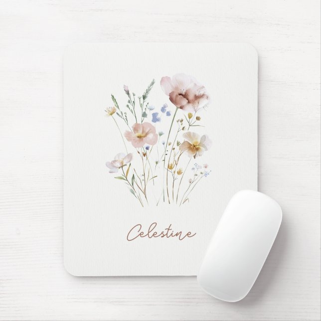 Modern Soft Floral Custom Name Mouse Mat (With Mouse)