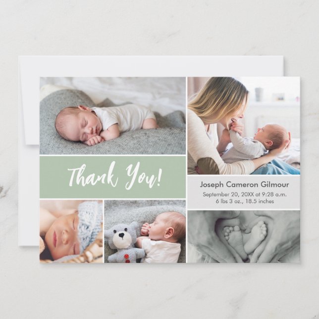 Modern Soft Green Custom Photo Collage Baby Birth Thank You Card (Front)