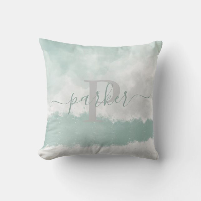Modern Soft Green Watercolor Monogram Cushion (Front)