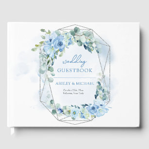 Modern soft pastel blue flowers silver frame sage guest book