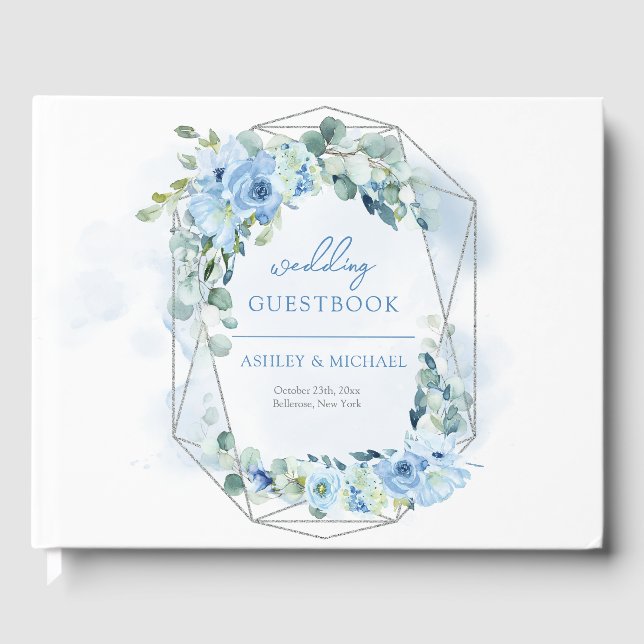 Modern soft pastel blue flowers silver frame sage guest book (Front)
