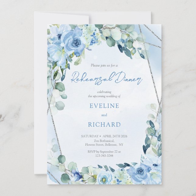 Modern soft pastel blue flowers silver rehearsal invitation (Front)