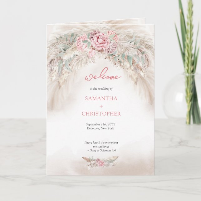 Modern soft pastel pink rose pampas folded program programme (Front)
