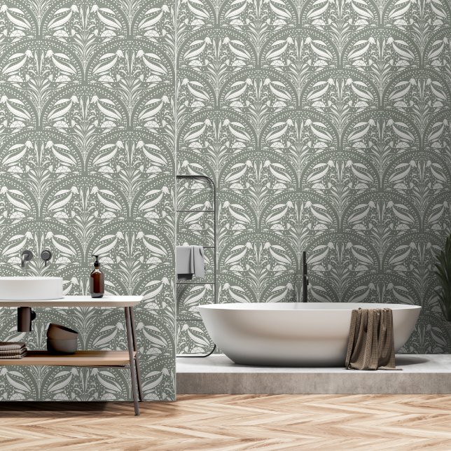 Modern Soft Sage Green Boho Art Deco Shell Wallpaper (Bathroom)