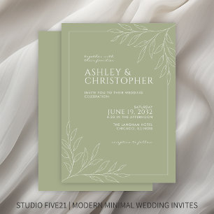 Modern Soft Sage Green Foliage Outline Wedding Invitation