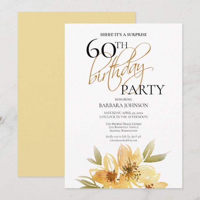 Modern Soft Yellow Floral Surprise 60th Birthday Invitation (Front/Back)