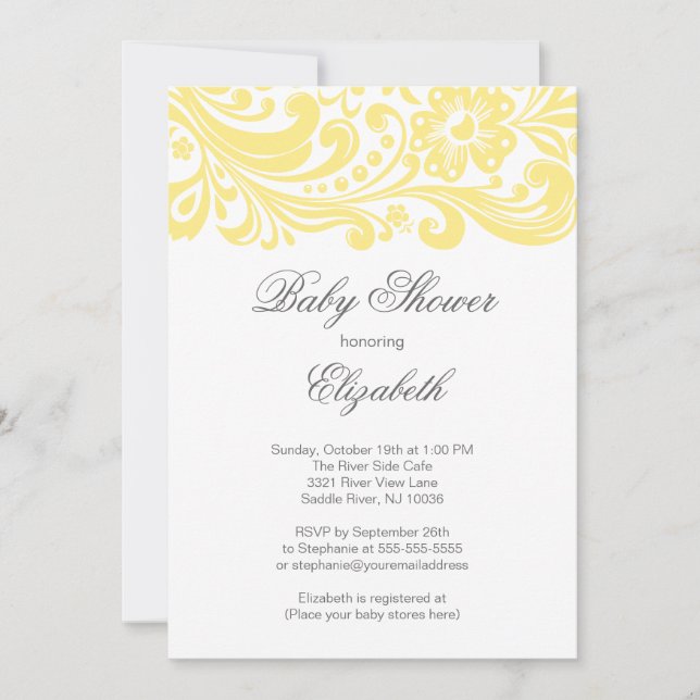 Modern Soft Yellow Floral Swirl Baby Shower Invitation (Front)