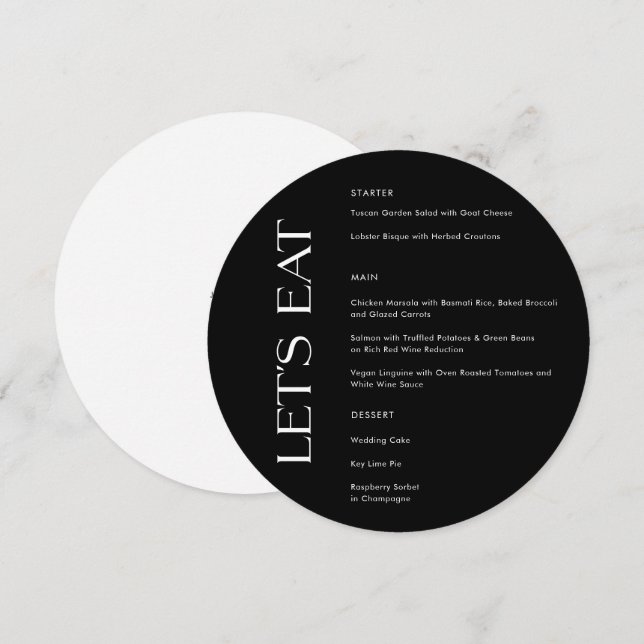 Modern Solid Black Typography Let's Eat Wedding Menu (Front/Back)