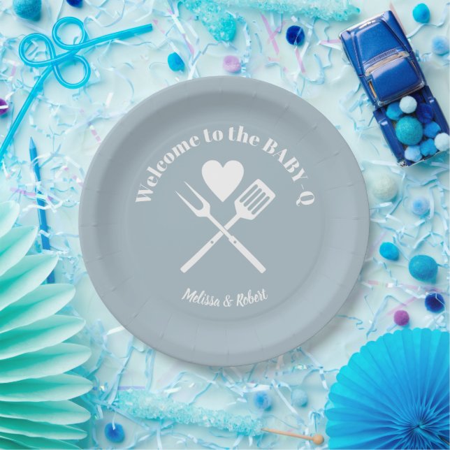 Modern Solid Blue BABY-Q Baby Shower BBQ Paper Plate (Party)