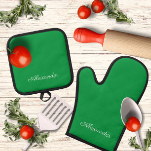 Modern Solid Bright Green template,  White Script  Oven Mitt & Pot Holder Set