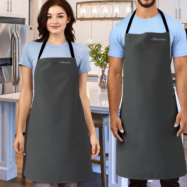 Modern Solid Charcoal Grey  Template White Script Apron (Creator Uploaded)
