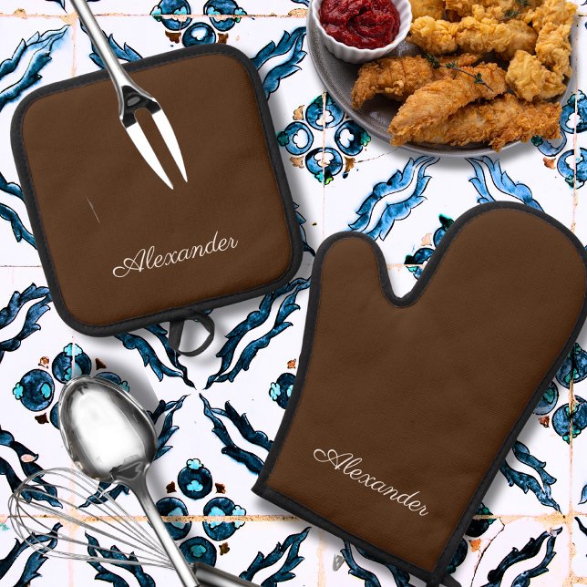 Modern solid colour Brown template White Script Oven Mitt & Pot Holder Set (Creator Uploaded)
