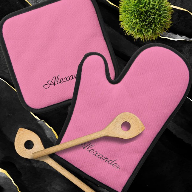 Modern Solid coloured Plain Bubblegum Pink Black  Oven Mitt & Pot Holder Set (Creator Uploaded)