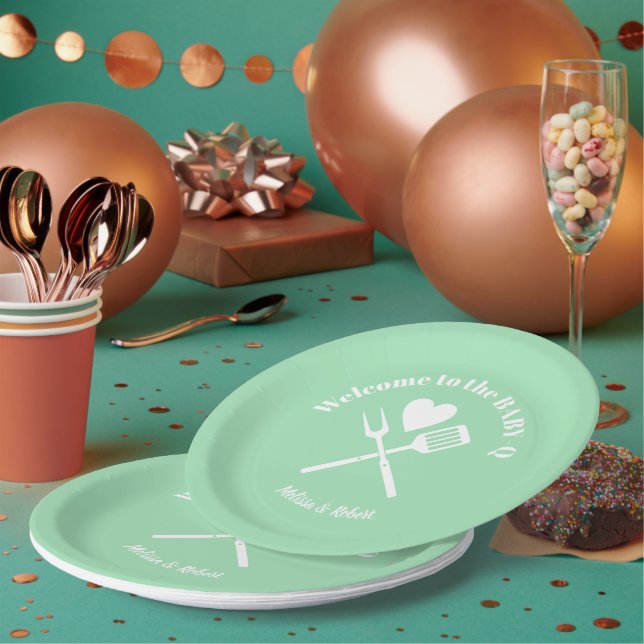 Modern Solid Mint Green BABY-Q Baby Shower BBQ Paper Plate (Multi)