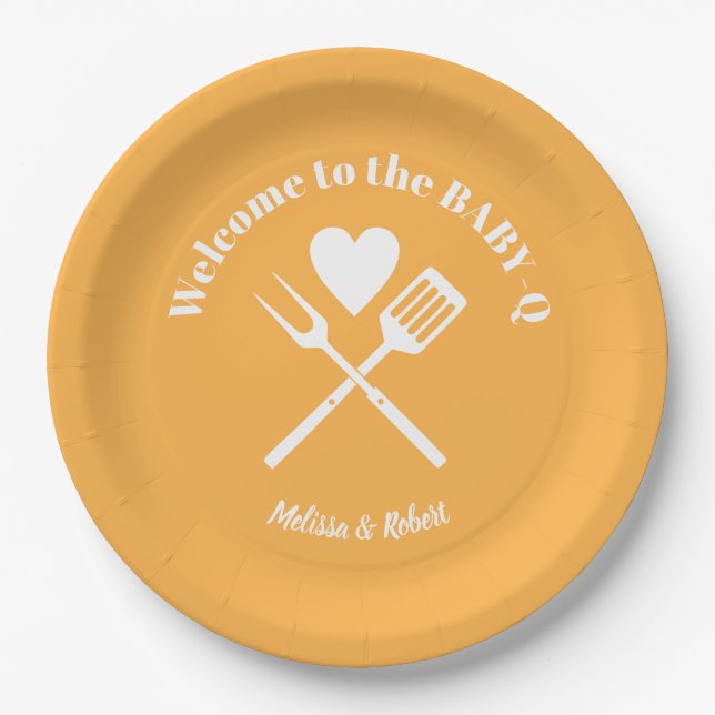 Modern Solid Pastel Orange BABY-Q Baby Shower BBQ Paper Plate (Front)