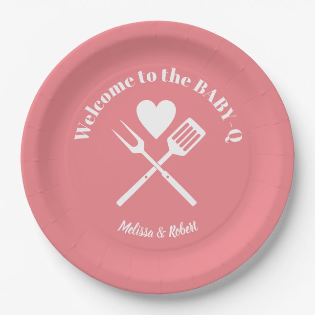 Modern Solid Pink BABY-Q Baby Shower BBQ Paper Plate (Front)