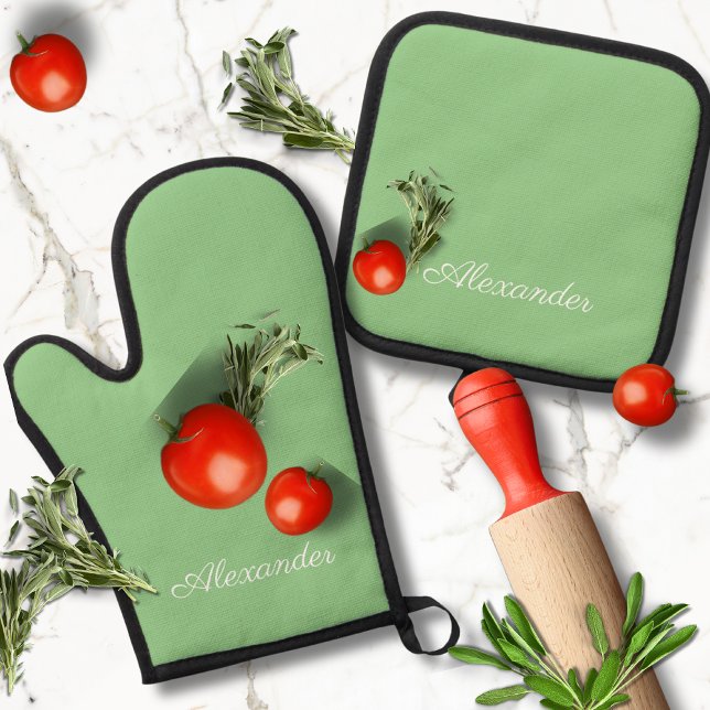 Modern Solid Sage Green coloured Simple template Oven Mitt & Pot Holder Set (Creator Uploaded)