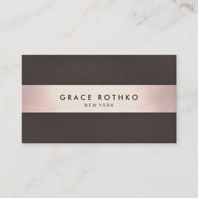 Modern Sophisticated Dark Brown Rose Gold Stripe Business Card (Front)