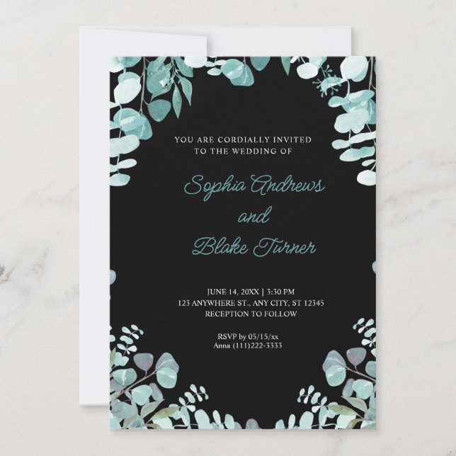 Modern Sophisticated Greenery Framed Black Wedding Invitation (Front)
