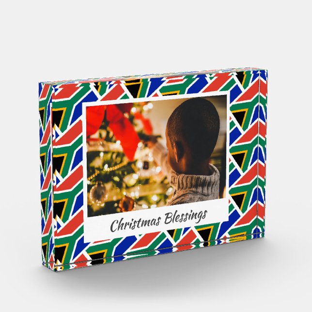 Modern SOUTH AFRICA FLAG Christmas Keepsake Photo Block (Left)