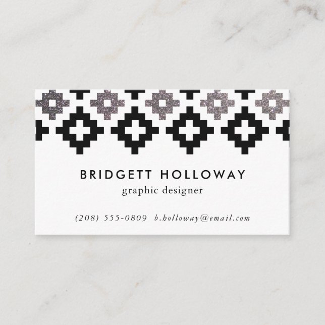 Modern Southwest Blanket Black Faux Silver Glitter Business Card (Front)